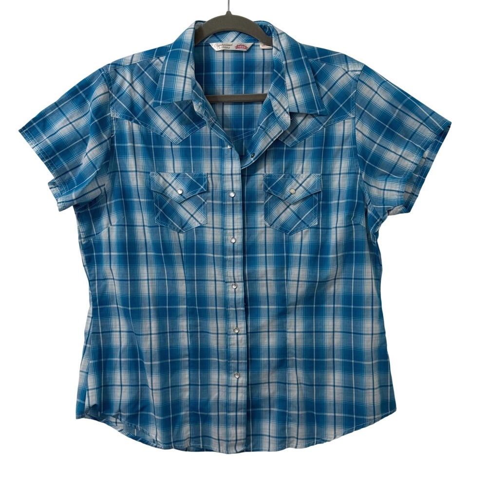Cumberland Outfitters Blue Plaid Pearl Snap Western Shirt Womens XL Short Sleeve